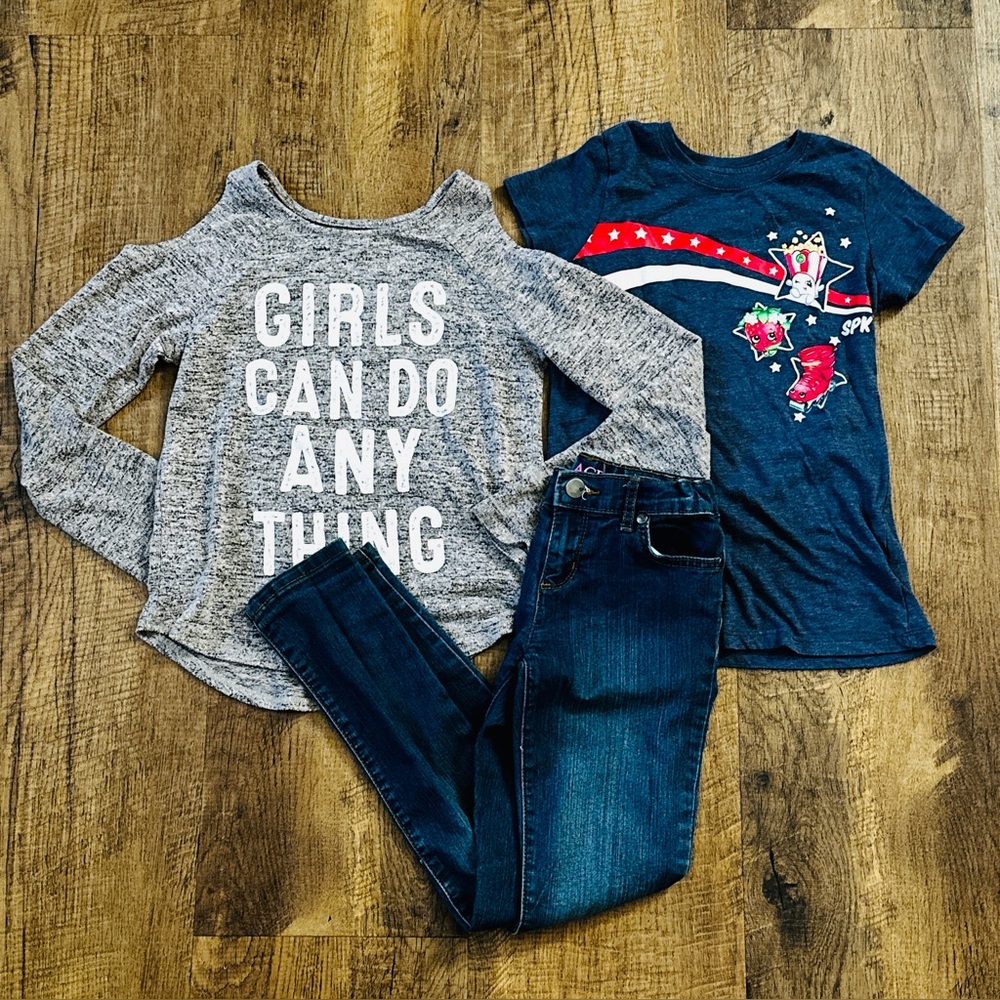 Shopkins official T-shirt with Place Denim Jeans & soft casual top size 7/8 Med.